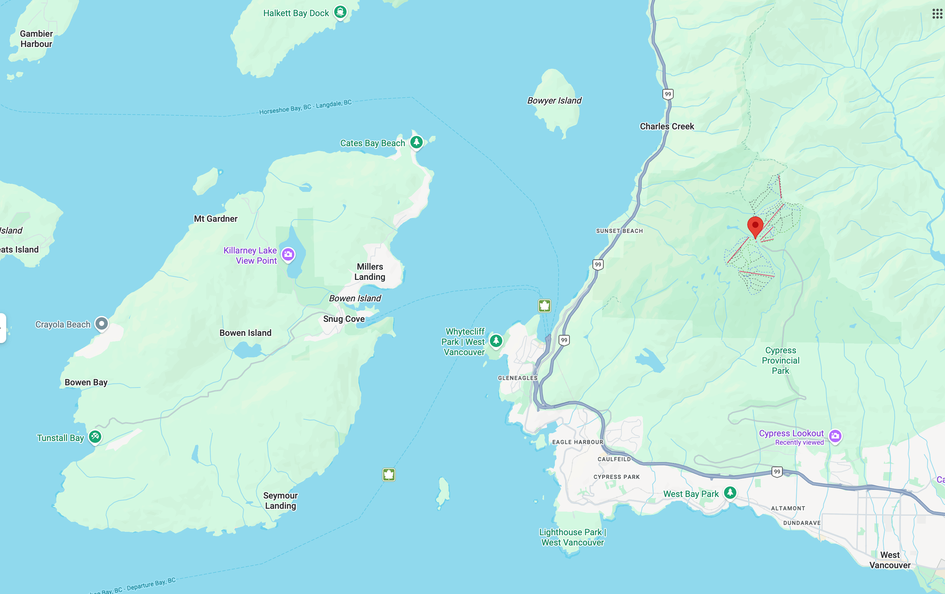 The municipality of Bowen Island (the largest island) on the left, and the city of West Vancouver (the mainland) on the right.