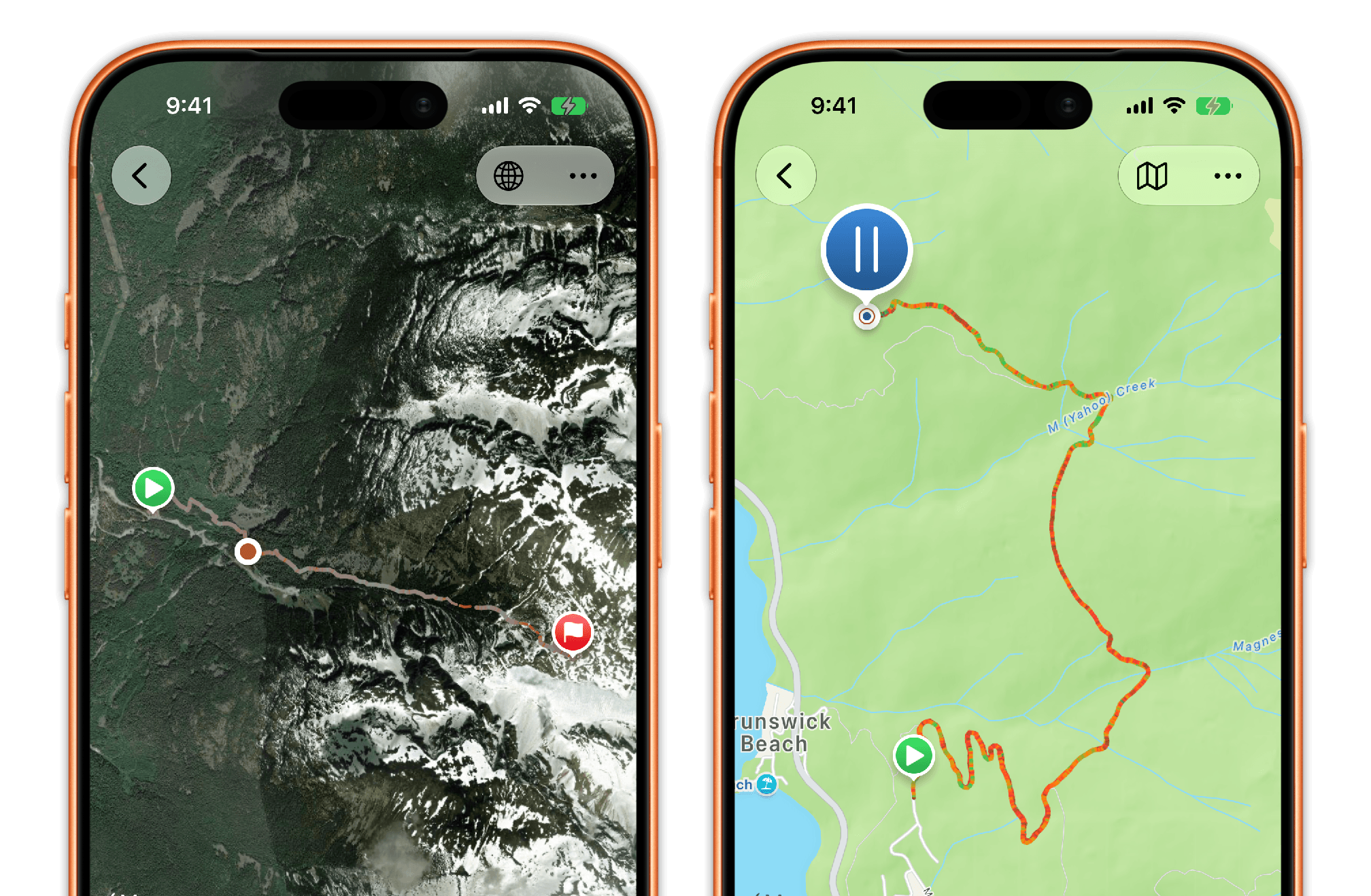 Waymark draws colour-coded routes to show trail gradient or moving speed, respectively.