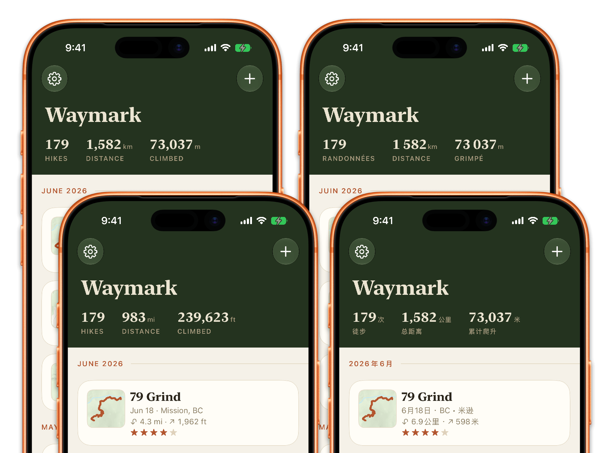 The same lifetime statistics, left to right: Canadian English, US English, French, and Simplified Chinese.